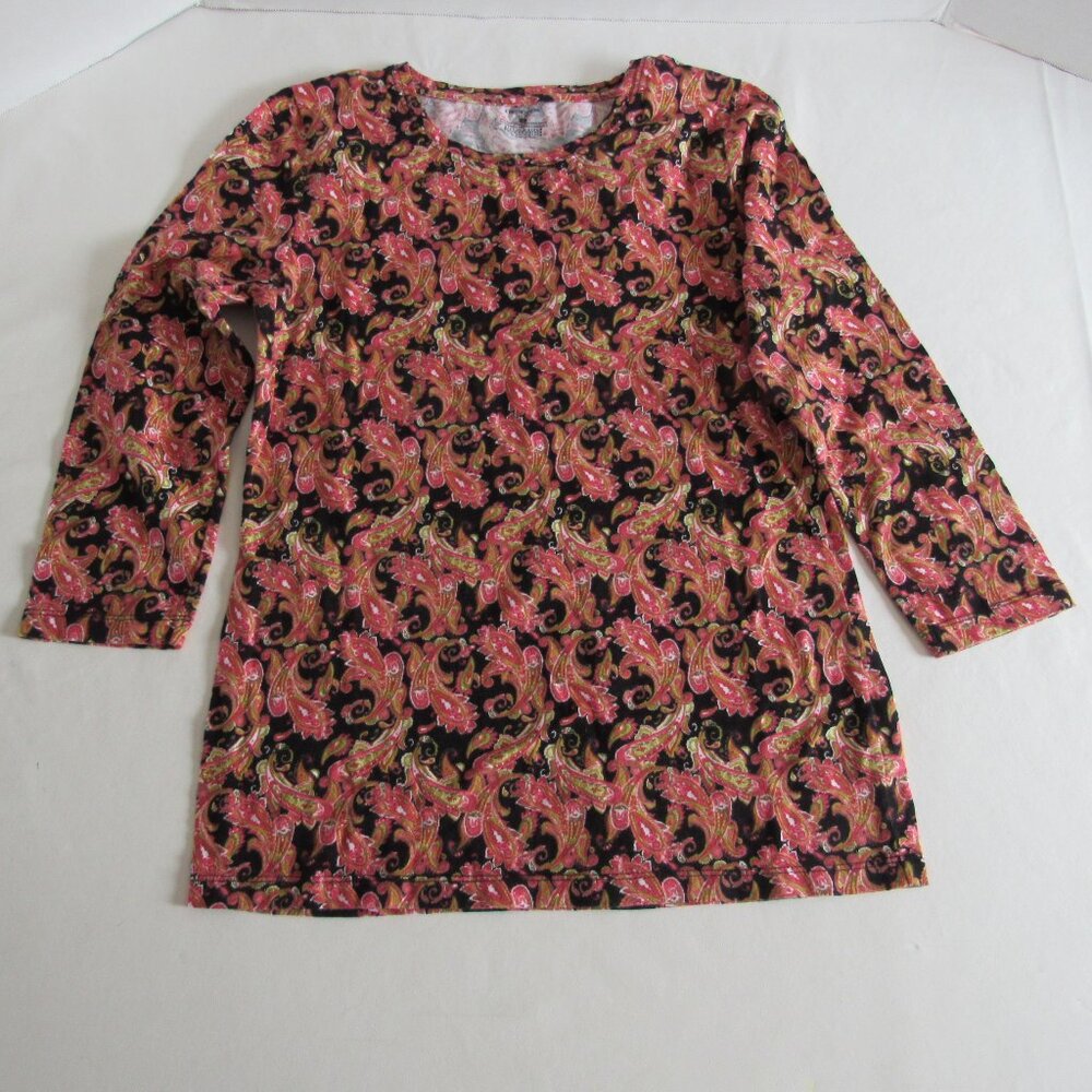 Women's Jones New York Sport Black and Pink Paisley 3/4 Sleeve Top Size M